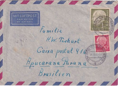 BRD - 1 M.+20 Pfg. Heuss I Luftpostbrief (6 gr.) n. BRASILIEN Bork 2.12.55