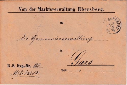 Bayern - Ebersberg 1894 Militariabrief n. Gars - Vordruckkuvert
