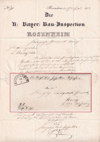 Bayern - Rosenheim 28/4 HKS Dienstbrief (Briefkopf !) n. Wang b. Wasserburg 1853