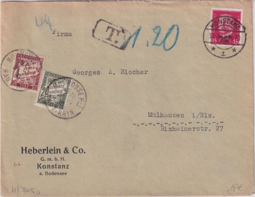 DR/Frankreich - Konstanz 30.7.30 unterfrankierter Brief n. Mülhausen/Els.