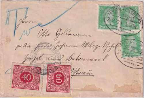 DR/Tschechoslowakei - 3x5 Pfg. Schiller unterfrankierter Brief Bahnpost 1926