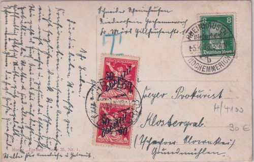 DR/Tschechoslowakei - 8 Pfg. Beethoven unterfrankierte Karte Rheinhausen 1928