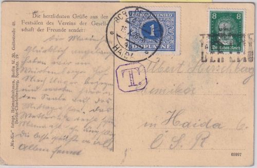 DR/Tschechoslowakei - 8 Pfg. Beethoven unterfrankierte Karte Berlin - Haida 1928