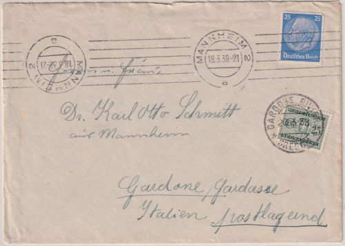 DR/Italien - 25 Pfg. Hindenburg Brief Mannheim - Gardone/postlagernd 1938