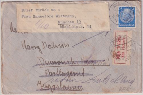 DR/Jugoslawien - 25 Pfg. Hindenburg Brief Amerdingen Dubrovnik/postlagernd 1938