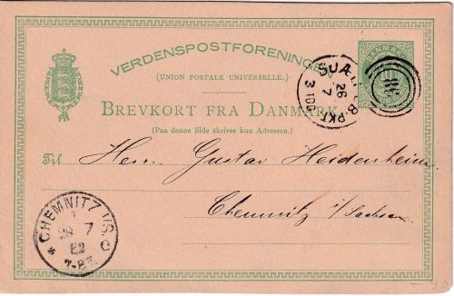 Dänemark - 10 Ö. Ganzsache Bahnpost 86 Sjael.JB (Kopenhagen) - Chemnitz 1882