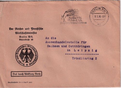 DR - Berlin 1936 Frei d. Ablösung (Wirtschaftsminister) Brief n. Leipzig