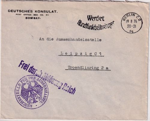 DR - Deutsches Konsulat Bombay Brief/Frei d. Ablösung Berlin - Leipzig 1935