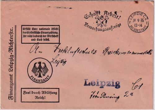 DR - Berlin 1935 Frei d. Ablösung (Finanzamt) Brief n. Leipzig