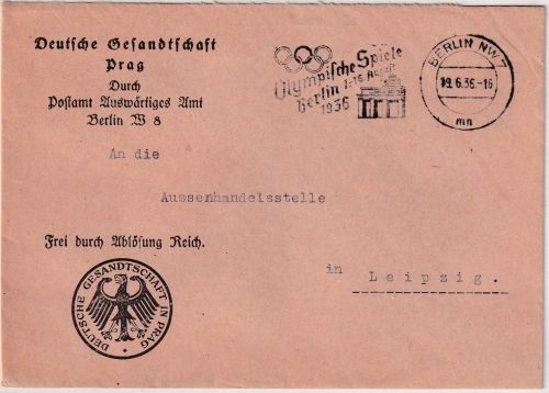 DR - Berlin 1936 Frei d. Ablösung Deutsche Gesandtschaft Prag Brief n. Leipzig