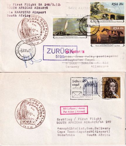 Südafrika - South African Airways Firstflight FFM - Kapstadt - FFM 1980 2 Belege