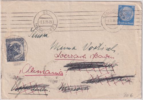 DR/Argentinien - 25 Pfg. Hindenburg Brief Hannover 1938 Retourvermerk