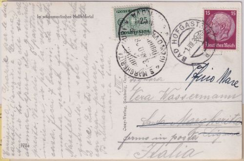 DR/Italien - 15 Pfg. Hindenburg Karte Bad Hofgastein - s. Margherita 1938