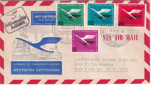 BRD - Lufthansa Erstflug Düsseldorf - New York 8.6.55 Satzfrankatur