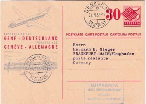 Schweiz - Lufthansa Erstflug Genf - Frankfurt a/M. 24.5.59 GA m. priv. Zudruck