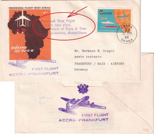 Ghana - Lufthansa-Erstflug Accra - Frankfurt a/M. 5.3.62 vorber. Rückflugpost R!