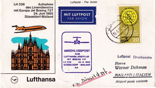 DDR - Lufthansa-Erstflug Düsseldorf Mailand 24.6.65 Zuleitungspost Jena 15.6.65