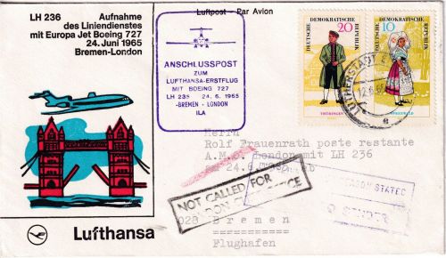 DDR - Lufthansa-Erstflug Bremen - London 24.6.65 Zuleitungspost Eisleben 12.6.65
