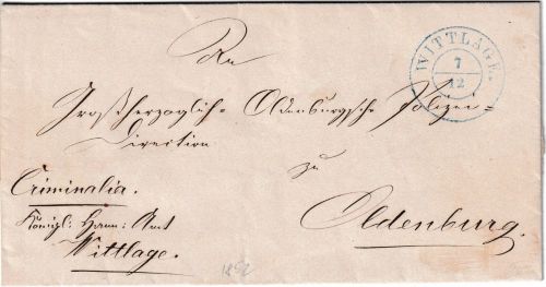 Hannover - Wittlage 7/12 blauer K2 Dienstbrief "Criminalia" n. Oldenburg 1852