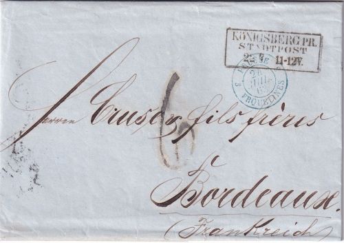 Preussen/Frankreich - Königsberg Stadtpost 22/7 Ra3 Brief n. Bordeaux 1863
