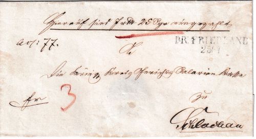 Preussen - Pr. Friedland 25/7 L2 Bareinzahlungsbrief n. Schlochau ca. 1840