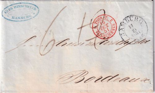 Hamburg (Th&T-PA) - Hamburg 14.10.1851 Portobrief (korrig. Taxe) n. Bordeaux