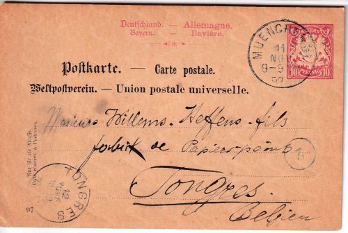 Bayern - 10 Pfg. Wappen Ganzsache n. BELGIEN München 31 - Tongres 1897