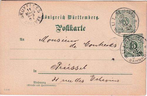 Württemberg - 5 Pfg. Ganzsache+Zusatz n. BELGIEN Ulm Bahnhof - Brüssel 1901