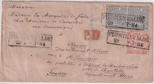 NDP - 2x2+1/2 Gr. dst. Brief n. FRANKREICH Ra2 Fürstenwalde - Nevers 1868