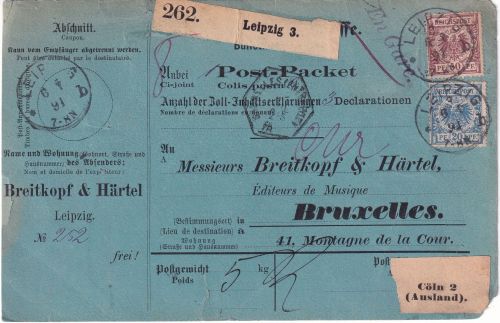 DR - 50+20+10 Pfg. Krone/Adler Paketkarte n. Belgien Leipzig 3 - Brüssel 1891