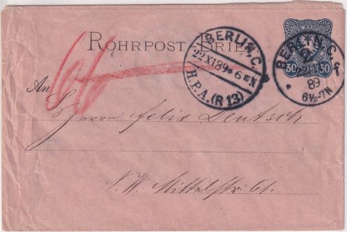 DR - 30 Pfg. Ganzsache/Rohrpostbrief Berlin C2 - H.P.A.(R13) - NW66 1889