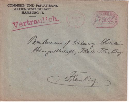 DR-Infla - Hamburg 1.9.23 75.000 M. Postfreistempel Firmenbrief n. Flensburg