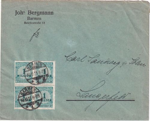 DR-Infla - 1 Mio. Korbdeckel 4er-Block Ortsbrief Barmen - Langerfeld 30.10.23