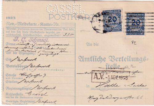 DR-Infla - 2x20 Mio. Korbdeckel Fernkarte Erfurt - Halle 3.11.23