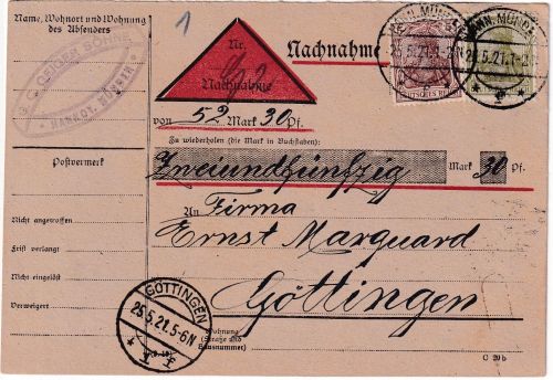 DR - 60+5 Pfg. Germania Nachnahme-Drucksache Hann. Münden - Göttingen 25.5.21
