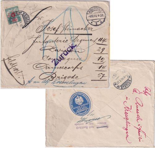 DR/Schweiz - Konstanz 4.10.14 Feldpostbrief "Zur Ermittlung des Absenders..."