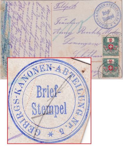 DR/Schweiz - Gebirgs-Kanonen-Abt. Nr.5 Feldpostkarte n. Solothurn 1916 Nachporto