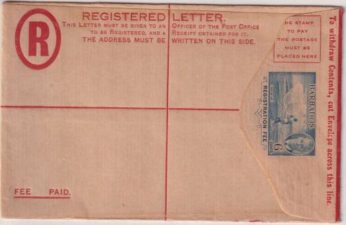 Barbados - 6 C. George VI. registered letter stationery envelope unused