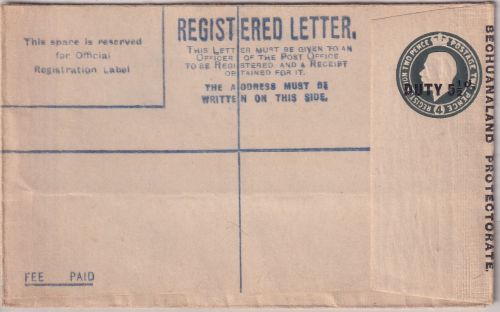 Bechuanaland Prot. - 4 P. GB Duty 5 1/2 P. registered stationery F-size unused