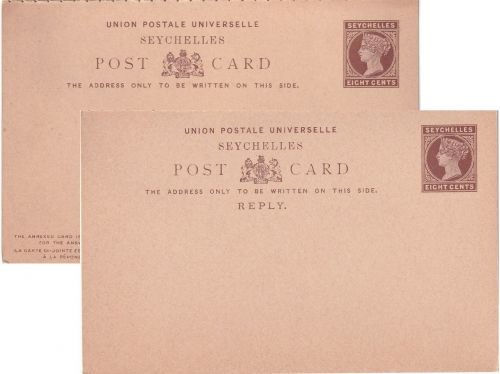 Seychelles - 8/8 P. Victoria stationery postcard with reply unused