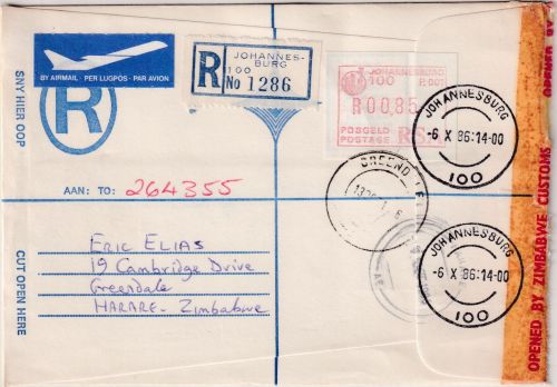 South Africa - Johannesburg 1986 Frama label reg. airmail/FDC to Harare
