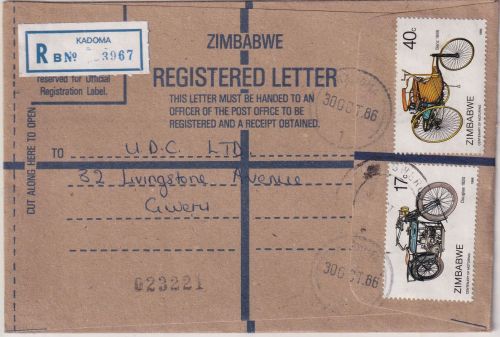 Zimbawe - Kadoma 1986 registered letter centenary of motoring
