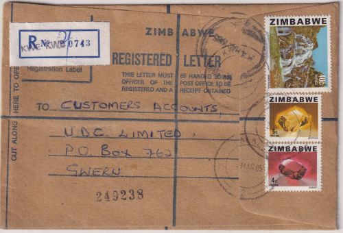 Zimbawe - Kwe Kwe 1985 registered letter 40 c. Bundi falls etc.