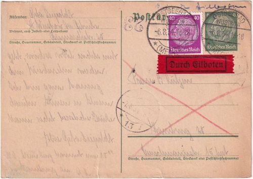 DR - 6 Pfg. Hindenburg Ganzsache + Zusatz Eilkarte Ostseebad Wustrow 1934