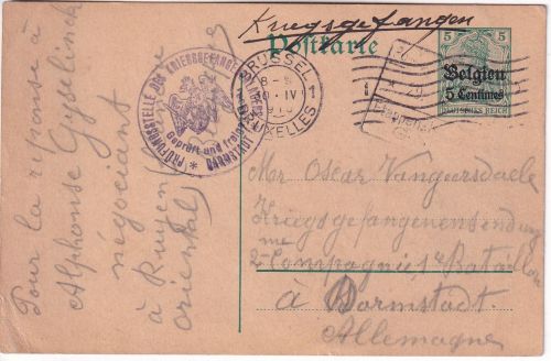 LP Belgien - 5 C. Ganzsache Formularaufbrauch Kriegsgefangenenkarte Brüssel 1915