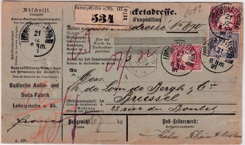 Bayern - 50+20+10 Pfg. Wappen Paketkarte n. BELGIEN Ludwigshafen III - 21.12.91