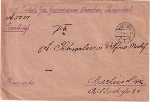 DP Polen - Warschau 1916 Heeressache/Dienstbrief (Passzentrale) n. Berlin