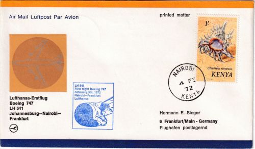 Kenia - 1 Sh. Meeresschnecke Luftpostbrief/LH-Erstflug Nairobi - FFM 1972
