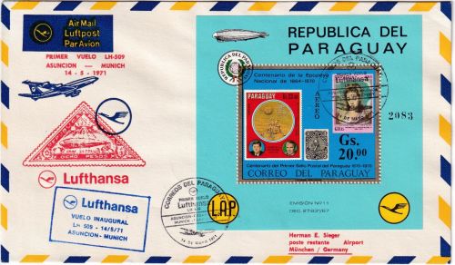 Paraguay - Lufthansa Erstflug Asuncion München Blockfrankatur 1971