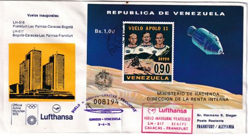 Venezuela - Lufthansa Erstflug Caracas Frankfurt Blockfrankatur 1971